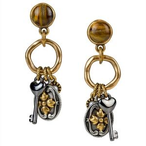 Patricia Nash Tiger Eye Multi Charm Drop Earrings NIB